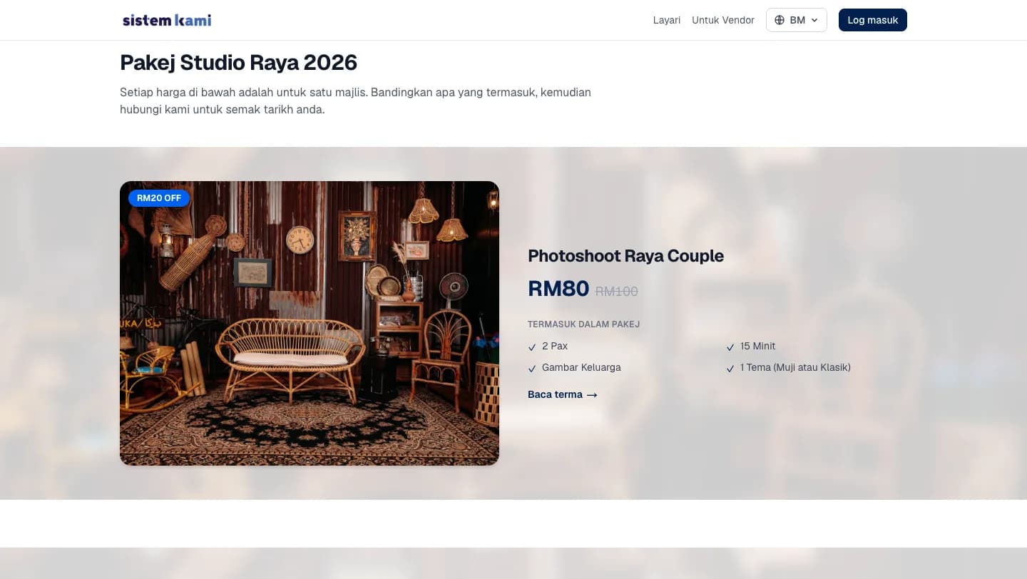 Laman jualan vendor memaparkan pakej, harga dan gambar studio
