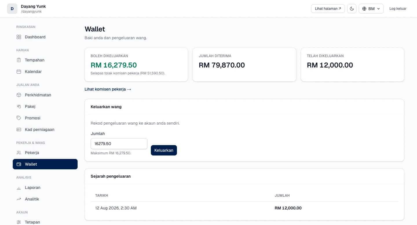 Skrin wallet vendor dengan baki dan pengeluaran wang