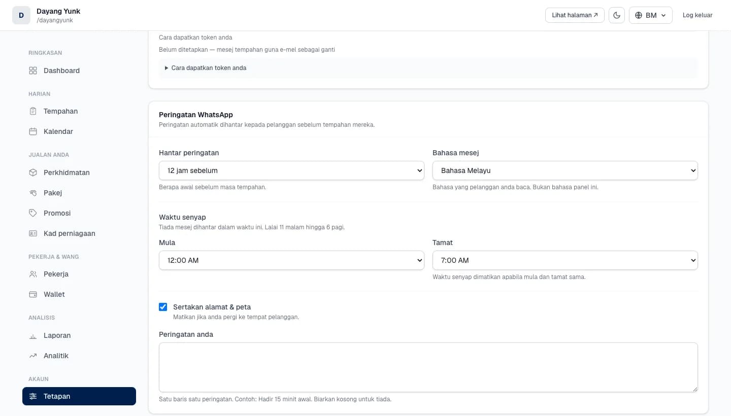 Tetapan peringatan WhatsApp automatik